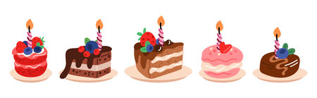 Pieces of birthday cake with candles. Holiday dessert. Fruit with chocolate glaze and frosting. Sweet food for celebration. Delicious pie. Cupcake and muffin. Vector confectioneries setのイラスト素材