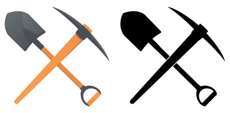 Icon of crossed shovels and pickaxes. Miners tools. Black silhouette axe. Digging scoop. Construction equipment. Spade for mining. Goldminer inventory. Ore excavation. Vector symbols setのイラスト素材