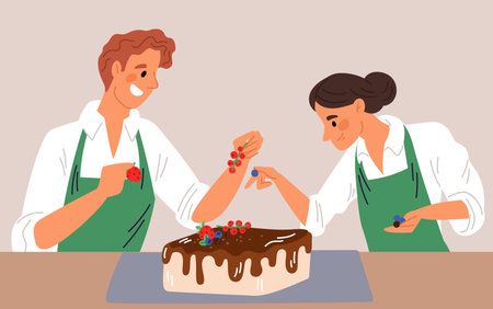 Couple in love man and woman baking cake together for celebration. Happy chef preparing dessert. People cooking sweet pie with chocolate. Family at kitchen. Romantic cook. Vector conceptのイラスト素材