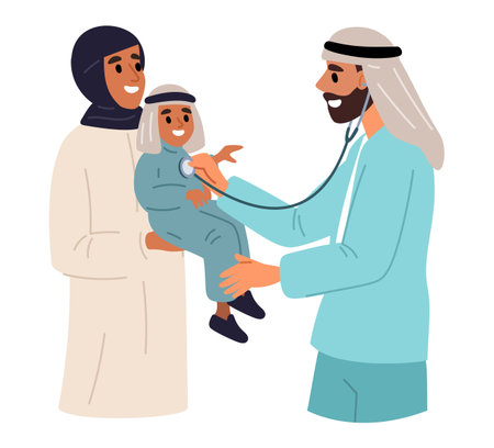 Arab male doctor listens to heart of little Arabian boy sitting in mothers arms. Traditional Saudi clothing. Clinic consultation. Pediatrician appointment. Medical exam. Vector conceptのイラスト素材