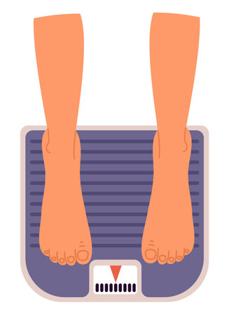Womens bare feet standing on scales top view. Weight measurement. Slimming or obesity. Mass weighing equipment. Female legs. Overweight control instrument. Kilogram meter. Vector conceptのイラスト素材