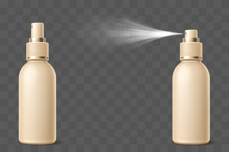Realistic deodorant bottle sprays fragrant aerosol on transparent background. Skin care product container. Package mockup. Armpit sweat control cosmetic. Vector 3D isolated objects setのイラスト素材