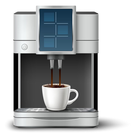 Realistic coffee machine with cup of aromatic freshly brewed caffeine drink. Household appliance. Espresso pour. Beverage preparation. 3D electric coffeemaker. Vector isolated objectのイラスト素材