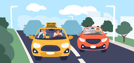 Male instructor is driving in car next to student. Girl learning traffic rules. Driver license obtaining. Vehicle transportation study. Auto school exam. Vehicle on road. Vector conceptのイラスト素材