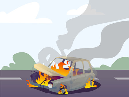 Car caught fire on road. Vehicle engulfed in flames after traffic accident. Broken machine on road. Blazing transport. Insurance of ignition. Driver rescue and firefighting. Vector conceptのイラスト素材