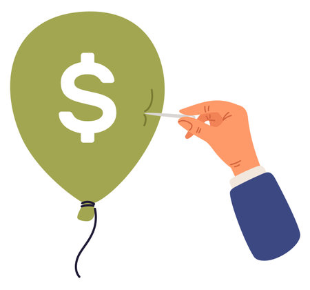 Businessmans hand with needle pierces balloon with dollar sign. Financial bubbles and crisis. Economy collapse. Investment risk. Inflation and recession. Banking crash. Vector conceptのイラスト素材