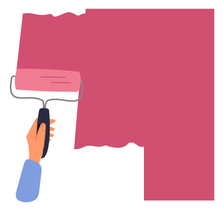 Hand with roller paints wall. Home renovation. Decorator coloring wall. House repair. Building worker. Construction whitewash work. Professional painter. Paintbrush swears. Vector conceptのイラスト素材