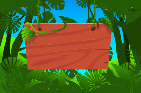 Wooden blank sign or placard for text hangs on vines against backdrop of green jungle leaves. Tropical empty frame. Palms foliage and lianas. Plank guidepost pointer. Vector backgroundのイラスト素材