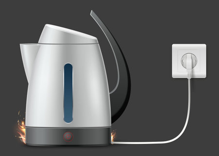 Realistic faulty electric kettle plugged in with fire flames. Short circuit. Electrical teapot. Overloaded wiring. Household appliance. Kitchen equipment. Vector isolated 3D objectのイラスト素材