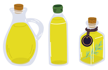 Glass bottles with corks containing olive oil. Cooking vegan ingredient. Extra virgin. Mediterranean kitchen. Organic product jug. Vector set of containers for vegetable oily liquidのイラスト素材