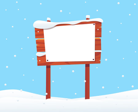 Wooden sign or pointer with clean white sheet in snow. Winter announcement or Christmas banner. Snowy wood signpost with ice cover. Frozen guidepost frame in snowdrift. Vector backgroundのイラスト素材
