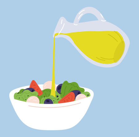 Salad with greens. Fresh vegetables. Italian cheese. Tomatoes is drizzled with olive oil from glass bottle. Diet meal cooking. Culinary dressing add. Vegetarian product. Vector conceptのイラスト素材