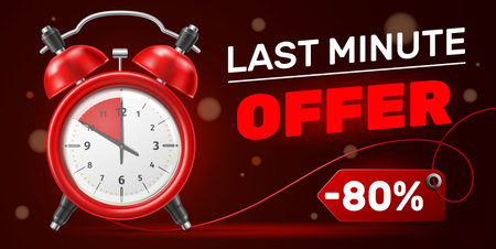 Realistic red alarm clock with last minute offer. Limited price discount. Shopping promotion. Watch dial. Seconds countdown. Sale marketing. Advertising banner vector design templateのイラスト素材