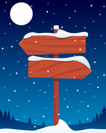 Wooden signpost in snow covered forest on winter night. Starry sky with moon. Snowy wood signboard. Frozen guidepost frame in snowdrift. Nature landscape. Arrow pointer. Vector backgroundのイラスト素材