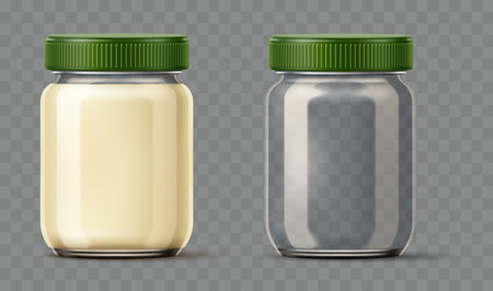 Realistic glass jar with mayonnaise. Full or empty bottle. Mayo sauce pot. Clear 3D packaging. Food package. Yogurt reusable container. Vector objects mockup on transparent backgroundのイラスト素材