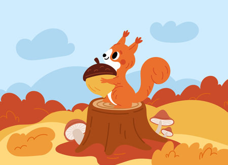 Contented squirrel with large acorn sits on stump against backdrop of beautiful autumn forest. Animal holding nut. Orange tree leaves. Autumnal nature. Wild mammal. Vector illustrationのイラスト素材