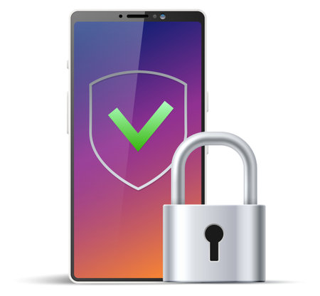 Realistic smartphone with shield on screen. Closed lock. Mobile phone protection. Digital key. User authorization. ID padlock with keyhole. Cellphone data security check. Vector conceptのイラスト素材