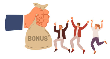 Generous hand with bag of bonuses for employees. Reward for good work. Workers motivation. Employer arm with salary sack. Office payday. Money payment. Cash purse give. Vector conceptのイラスト素材