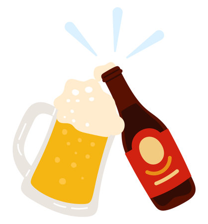 Beer glass with foamy drink and bottle touching for toast. Celebrating with alcoholic drinks. Pub alcohol beverage. Oktoberfest booze cheers. Bar cups clink. Lager brewery. Vector conceptのイラスト素材