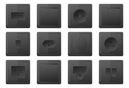 Socket and switch. Various type electrical connectors. Standard power supply. 3D equipment. Black toggle buttons. Interior plastic elements. Electric circuit port shapes vector setのイラスト素材
