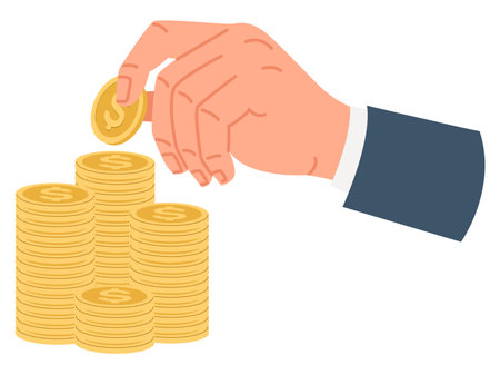 Businessmans hand stacks gold coins. Money income savings. Business finance success. Financial deposit. Cash fund. Earnings collect. Vector concept of investment or capital accumulationのイラスト素材