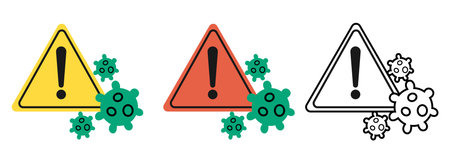Yellow warning sign and green bacteria icons. Infection hazard. Attention symbol with exclamation mark or virus cells. Dangerous influenza illness. Biohazard alert. Vector pictograms setのイラスト素材