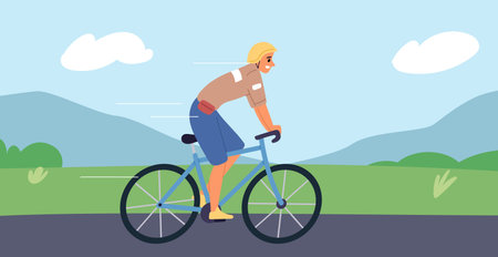 Cyclist rides sports bike along road with mountains in background. Outdoor summer training. Healthy active lifestyle. Bicyclist in nature. Athletic exercise or leisure. Vector conceptのイラスト素材