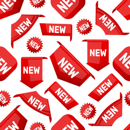 Red stickers seamless pattern. Bookmarks and corners for new products. Shopping stripes with inscription. Marketing labels. Repeated print. Offer shop announcement tags. Vector backgroundのイラスト素材