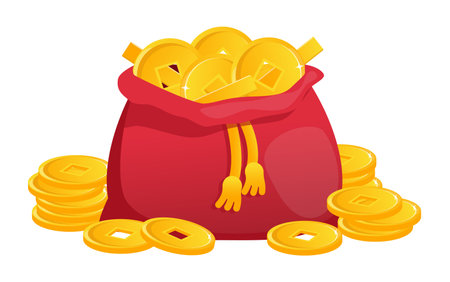 Red bag and gold coins with square hole in middle. Chinese New Year celebrations. Asian monetary. Japanese savings. Future and prosperity. Full pocket of golden cash. Vector conceptのイラスト素材