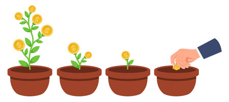 Growth stages of money tree from planting gold coin seed to large bush with coins. Businessman hand growing seedling. Progress steps. Investment profit. Plants in pots. Vector conceptのイラスト素材