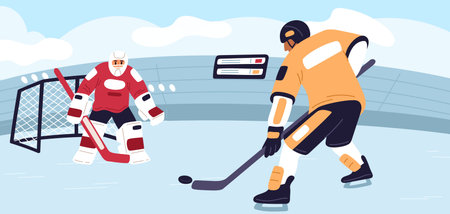 Hockey forward and goalkeeper in goal. Penalty shot at gate. Winter game competition. Athletic championship. Skaters play. Athletes team with clubs fight for puck. Vector sport matchのイラスト素材