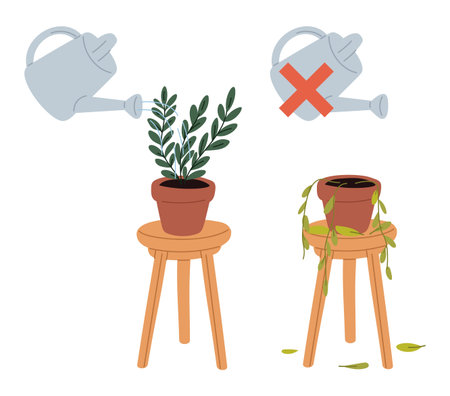 Green houseplant watered and plant that has dried up without water. Caring of ficus in flowerpot. Watering can. Flower cultivation mistake. Succulent growing failure. Vector conceptのイラスト素材