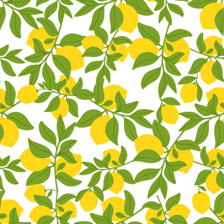 Green branches with leaves and yellow ripe lemons. Fruit tree seamless pattern. Citron twigs. Natural crop. Repeated print. Whole citrus. Summer foliage. Juicy harvest. Vector backgroundのイラスト素材