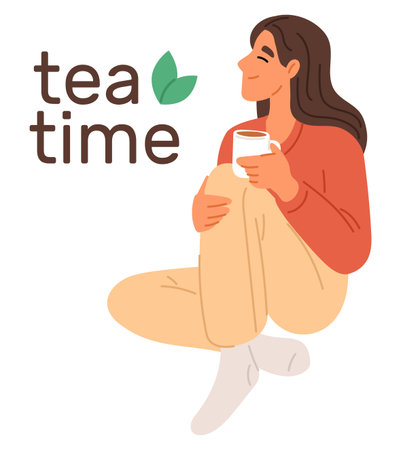 Girl sits with cup of hot tea. Young woman enjoys her rest and delicious drink. Happy alone person holding beverage mug. Cozy relaxation. Calm and relax. Comfortable pose. Vector conceptのイラスト素材