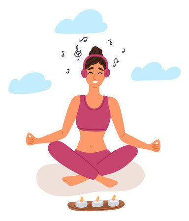 Girl sits in lotus position and listens to music for meditation and relaxation. Woman practicing yoga and spiritual exercises. Happy yogi meditating. Harmony and zen. Vector conceptのイラスト素材