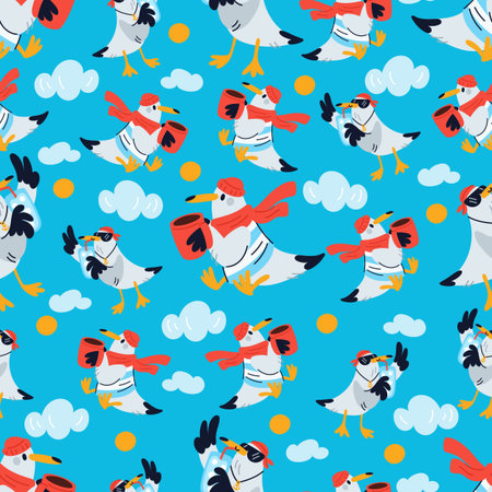 Funny cartoon seagulls wearing hats and sunglasses. Marine gulls seamless pattern. Cups and glasses with drinks. Sailor costume. Repeated print. Happy seabird character. Vector backgroundのイラスト素材