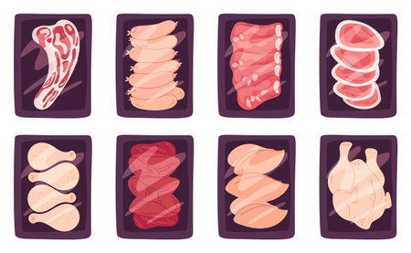 Frozen meat products in transparent plastic packaging. Pork tenderloin on tray top view. Uncooked chicken fillet. Beef sausages. Raw food for cooking. Vector butchery full packs setのイラスト素材