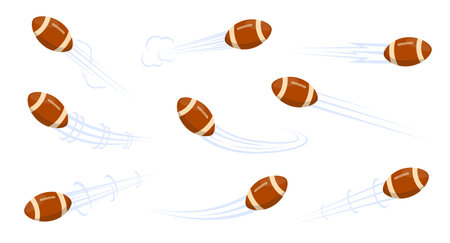 Flying balls for American football or rugby with airflow marks. Flight stream curve trail. Air flow and puff cloud. Orb hit movement. Track effect. Speed motion jet traces vector setのイラスト素材