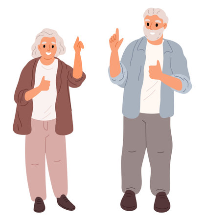 Elderly couple. Old man and woman. Senior family. Grandparents pointing fingers upward. Age wisdom. Grandma and grandpa with forefinger gesture. Happy retired people. Vector conceptのイラスト素材