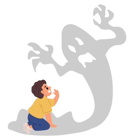Childrens psychological fears and phobias. Small child is afraid of monster. Fearful boogeyman. Spooky beast shadow. Anxiety imagination. Phantom illusion. Panicked kid. Vector conceptのイラスト素材