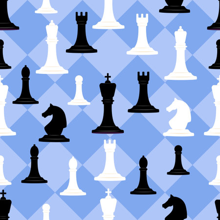 Chess pieces seamless pattern. Chessman competition. Black or white play figures. Grandmaster checkmate. Pawns and knights. Game challenge. King and queen against chessboard backgroundのイラスト素材