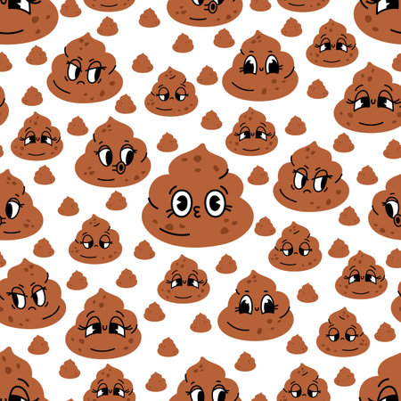 Cheerful cartoon poop with cute faces seamless pattern. Happy or angry excrement character. Twisted turd. Repeated print. Fecal emotion expression. Comic toilet mascot. Vector backgroundのイラスト素材