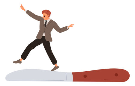 Businessman carefully walks on knife edge. Increased risks in business. Dangerous situation. Risky challenge. Man balancing on blade. Crisis management. Investor courage. Vector conceptのイラスト素材