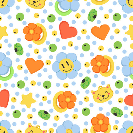 Bright childrens toys for newborns. Rattles and kids rings. Childish seamless pattern. Color beads. Cute bijouterie. Repeated print. Daisy flower face. Hearts and stars. Vector backgroundのイラスト素材