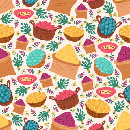 Bright multicolored oriental spices in bags and baskets. Indian seasonings seamless pattern. Spicy powder. Natural condiment bowl. Repeated print. Aromatic seeds sack. Vector backgroundのイラスト素材