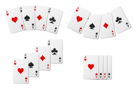 Realistic card set of four aces. Fortune game deck. Lucky chance isolated flush fan. Gaming spade...
