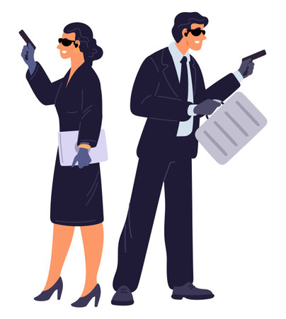 Man and woman. Two secret agents or spies with pistols in their hands. Spy and surveillance. Undercover job. People holding briefcases and guns. Male and female killers. Vector conceptのイラスト素材