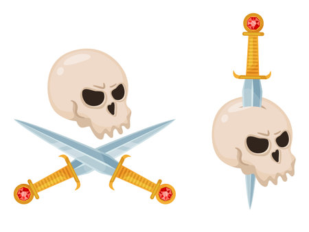 Human skull and crossed daggers. Skull with knife or sword sticking out. Pirate treasure icon. Face skeleton. Halloween decor. Dead corsair head with blades. Vector scary symbols setのイラスト素材
