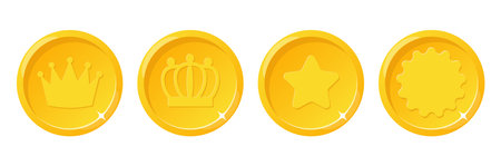 Gold medals with stars and crowns. Golden reward badges. Quality guarantee seal. Leader or best achievement. Shiny coins. Competition winning medallion. Vector set of winners awardsのイラスト素材