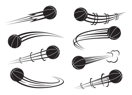 Flying baseball with airflow trails. Championship hit and pass. Movement trajectory. Streetball orb traces. Track effect. Speed motion. Vector set of black silhouettes on white backgroundのイラスト素材